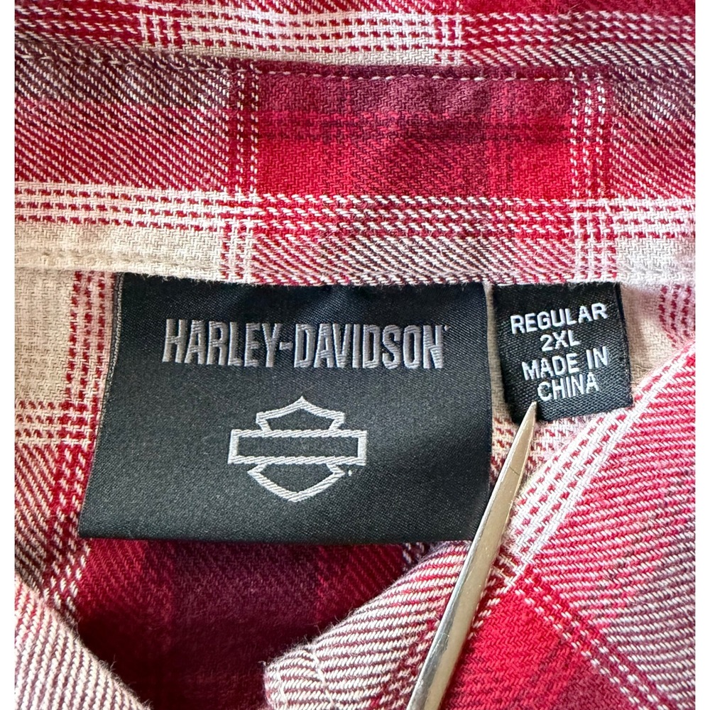 Harley-Davidson Mens 2XL Red White Plaid Flannel Shirt Short Sleeve Button Up - Picture 5 of 8